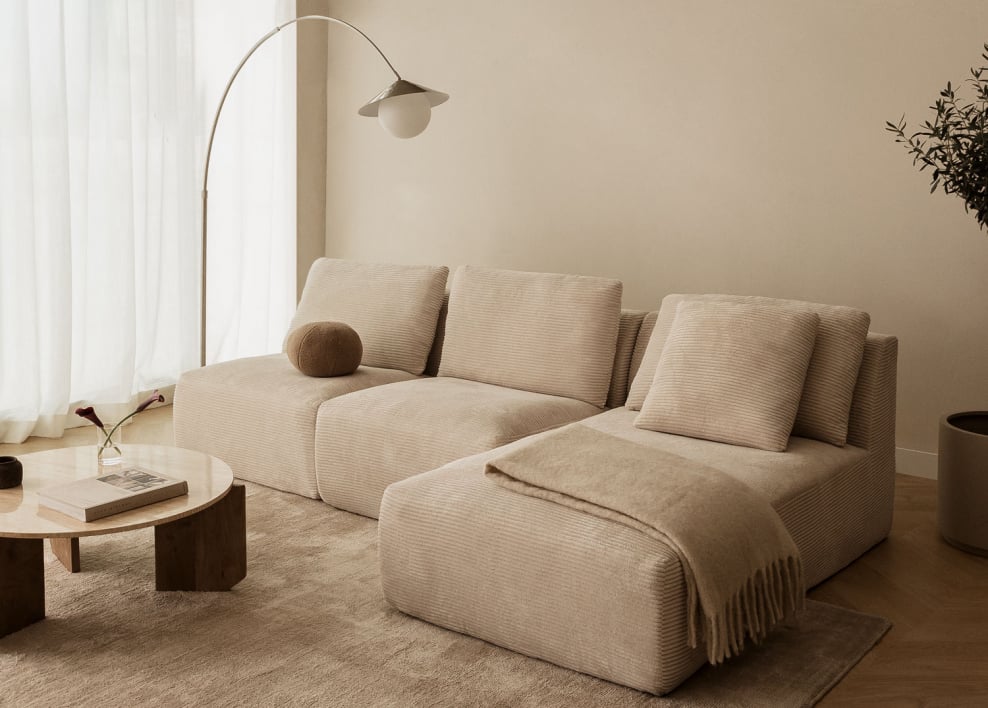 Sofá modular chaise longue derecho de 3 piezas en pana envasado al vacío Temple