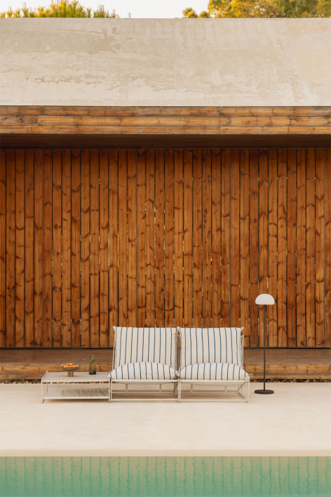 Conjunto de jardín con sofá modular de 2 piezas y mesa auxiliar convertible Amaro - Beige Tapioca - Azul Marino