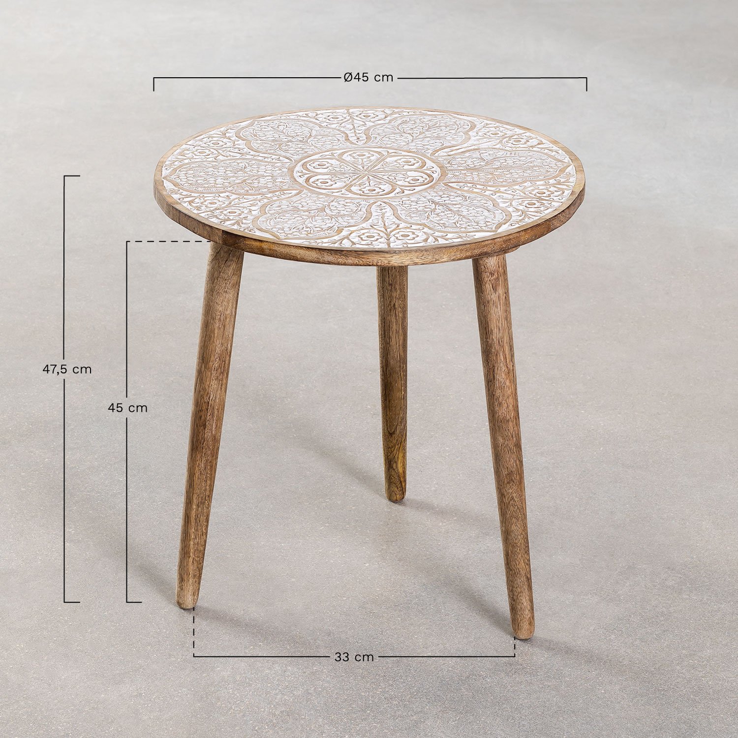 Mesa auxiliar redonda en madera de mango (Ø45 cm) Tienga  , medidas