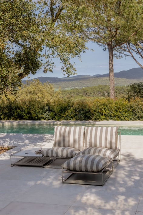 Conjunto de jardín con sofá modular de 2 piezas, mesa auxiliar y puff convertibles Amaro