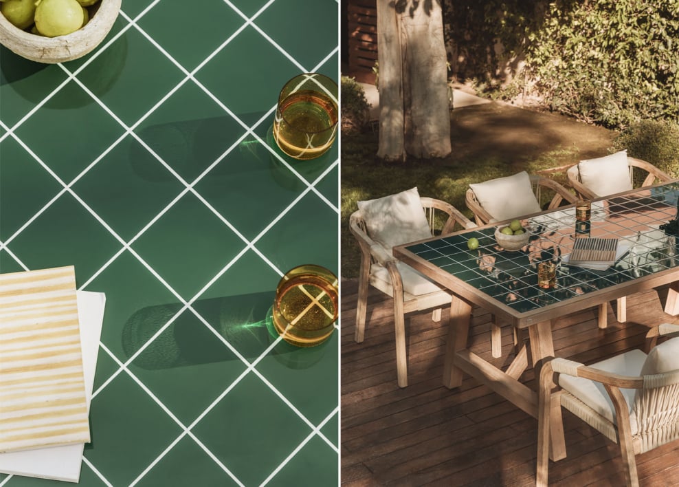 Mesa de jardín rectangular 200x100 cm en madera de acacia y azulejos verde oscuro Dubai