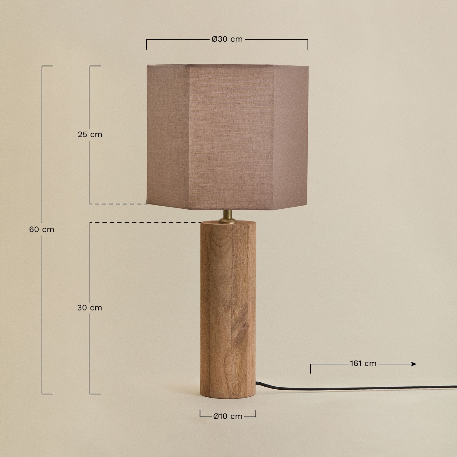 Lámpara de mesa en madera de mango Carolina, medidas