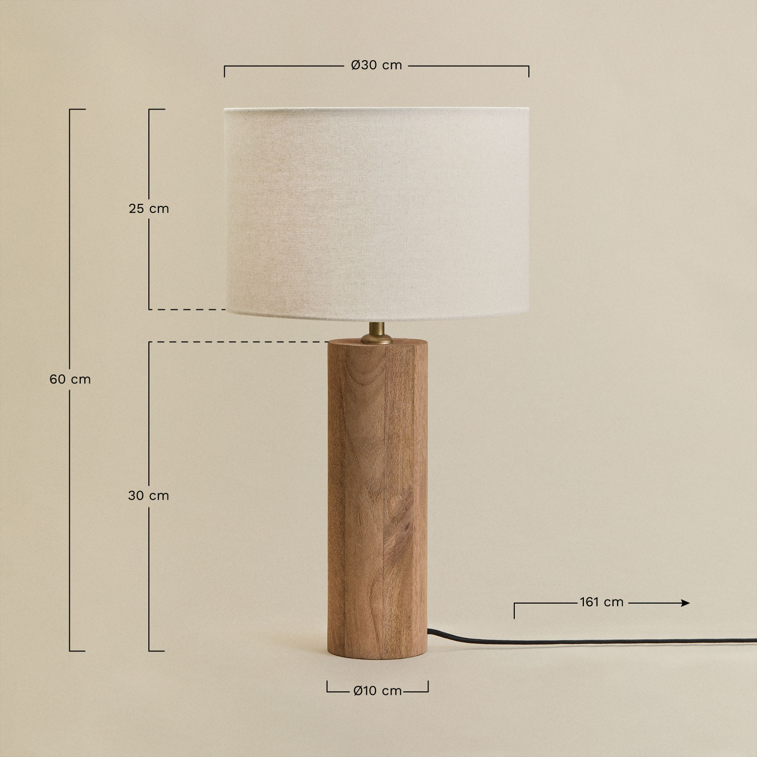 Lámpara de mesa en madera de mango Carolina, medidas