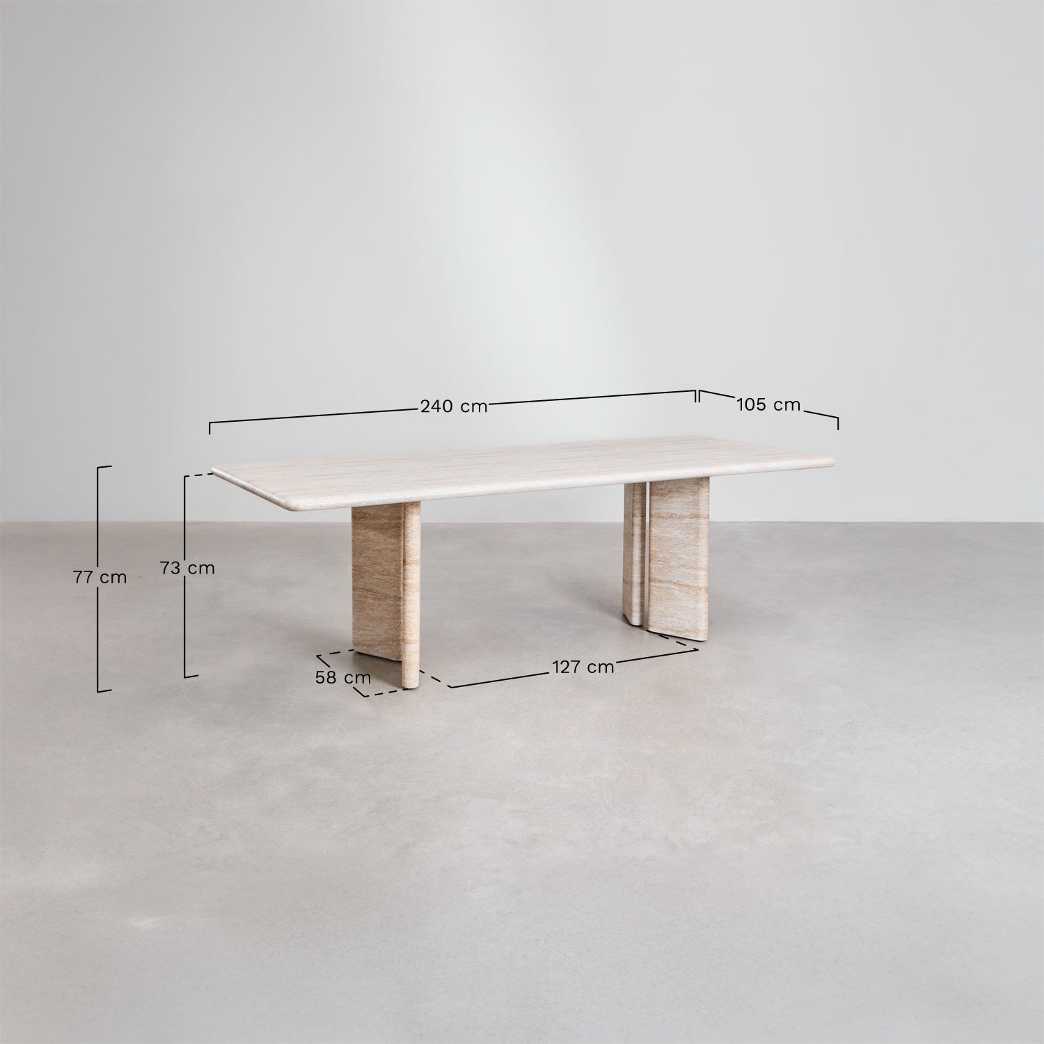 Mesa de comedor rectangular 240x100 cm en cemento Chelsea, medidas