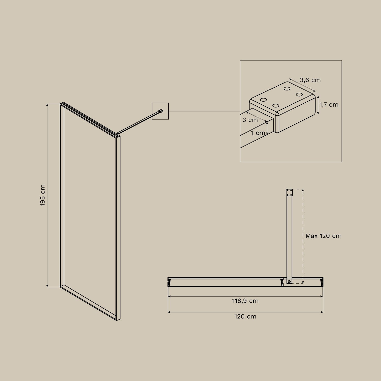 Mampara de ducha fija con cristal templado 5 mm y aluminio Trafalgar, medidas