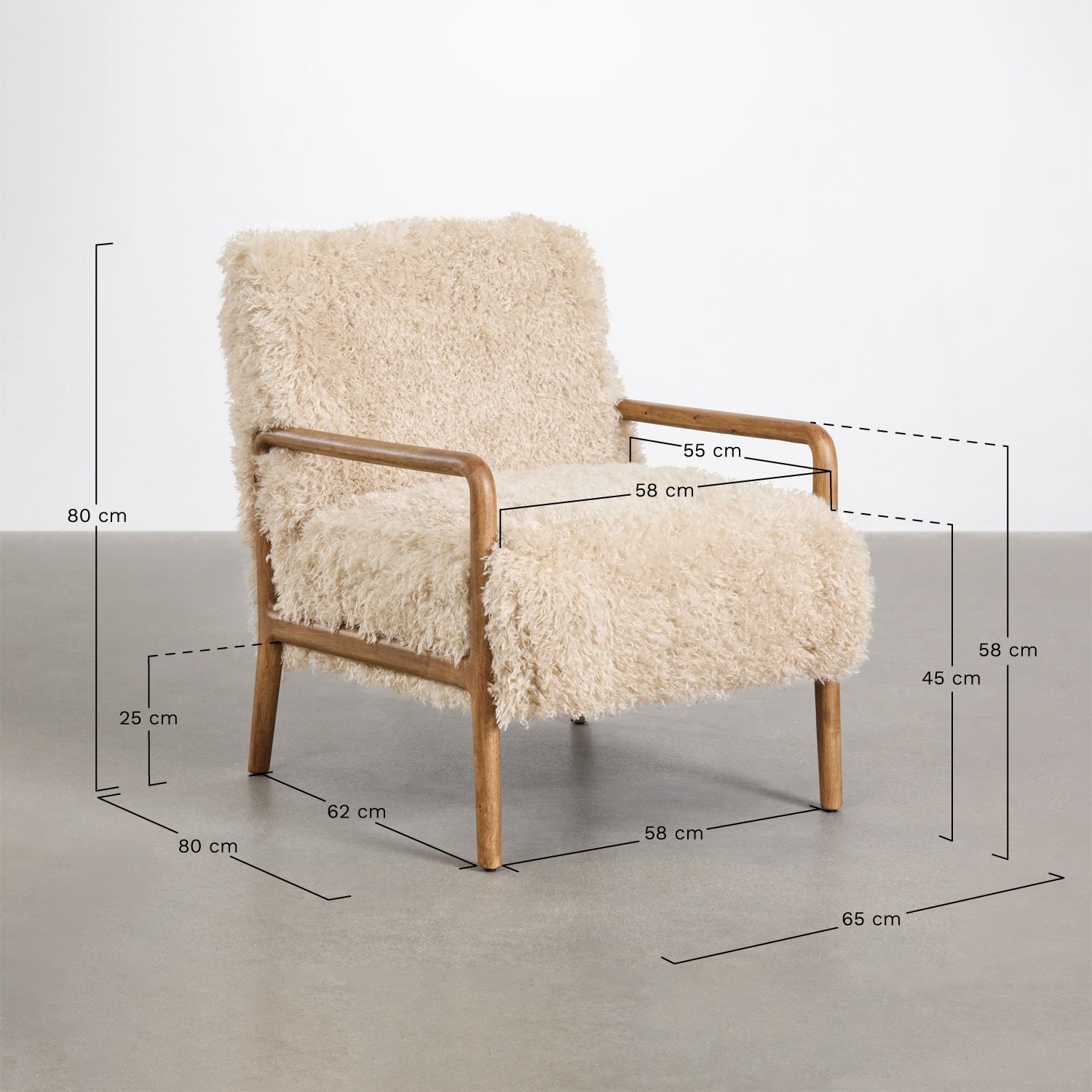 Sillón en madera de caucho Maylene, medidas