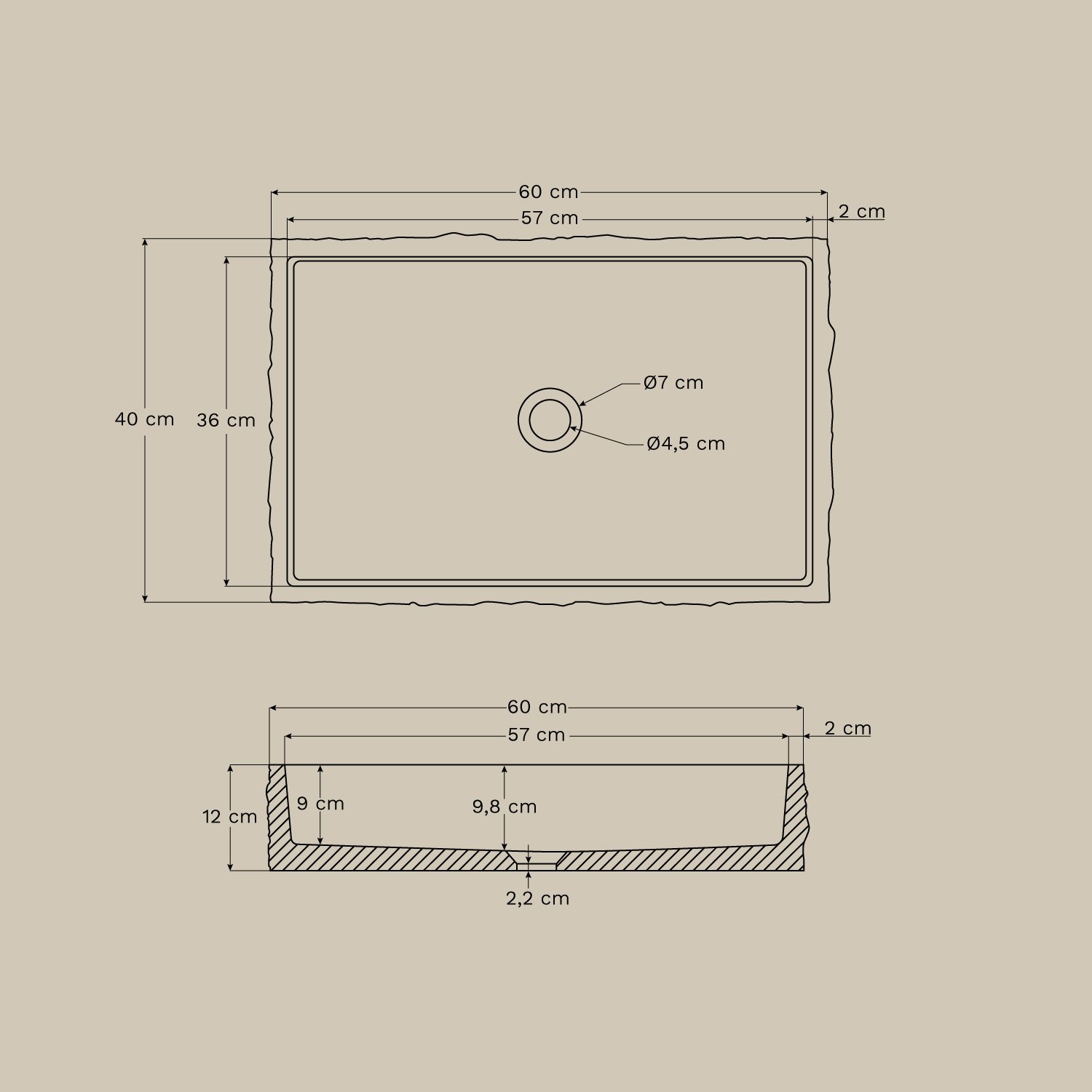 Lavabo rectangular 60x40 cm en cemento Ushba, medidas
