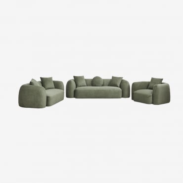Conjunto De Salón Con Sofá Modular De 3 Plazas, Sofá De 2 Plazas Y Sillón En Chenilla Coco Chenilla Verde Salvia - Sklum