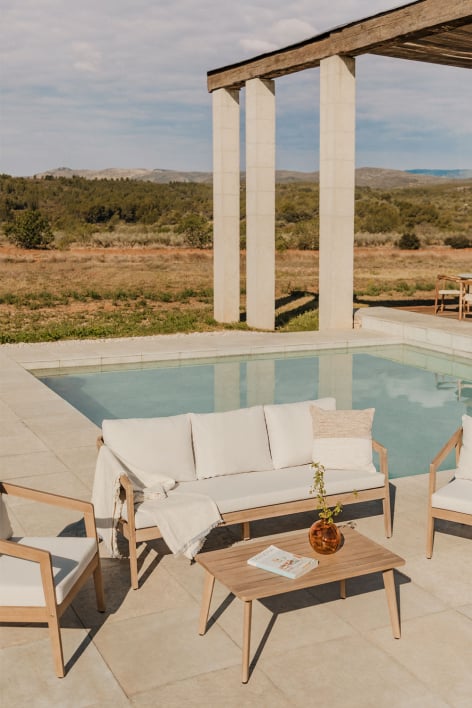 Sofá de jardín de 3 plazas en madera de acacia Kaela - Tela Blanco Gardenia