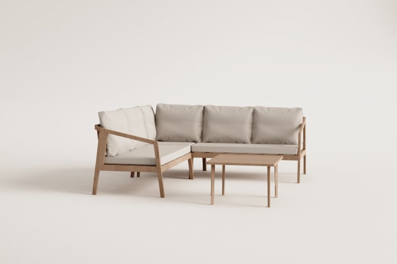Conjunto de jardín con sofá esquinero y mesa auxiliar en madera de acacia Kaela