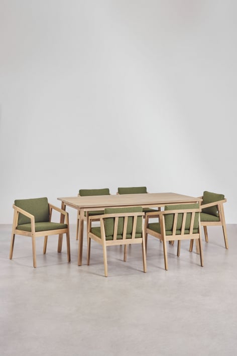 Set de mesa rectangular 180x90 cm y 6 sillas de comedor en madera de acacia Kaela - Bouclé Verde Salvia