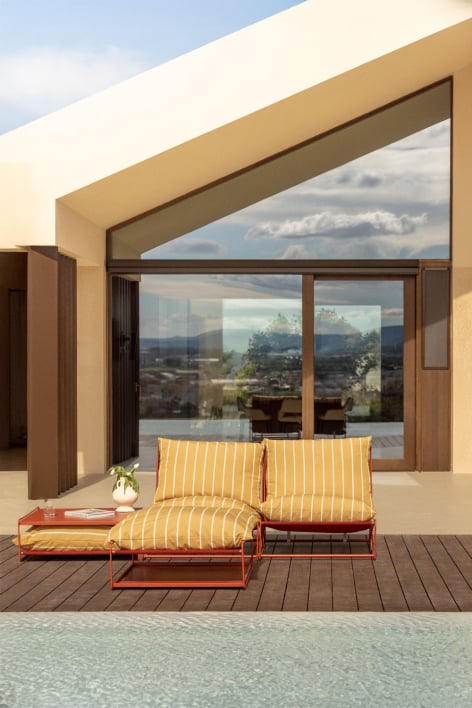Conjunto de jardín con sofá modular de 2 piezas, mesa auxiliar y puff convertibles Amaro - Amarillo Miel - Rojo Arcilla