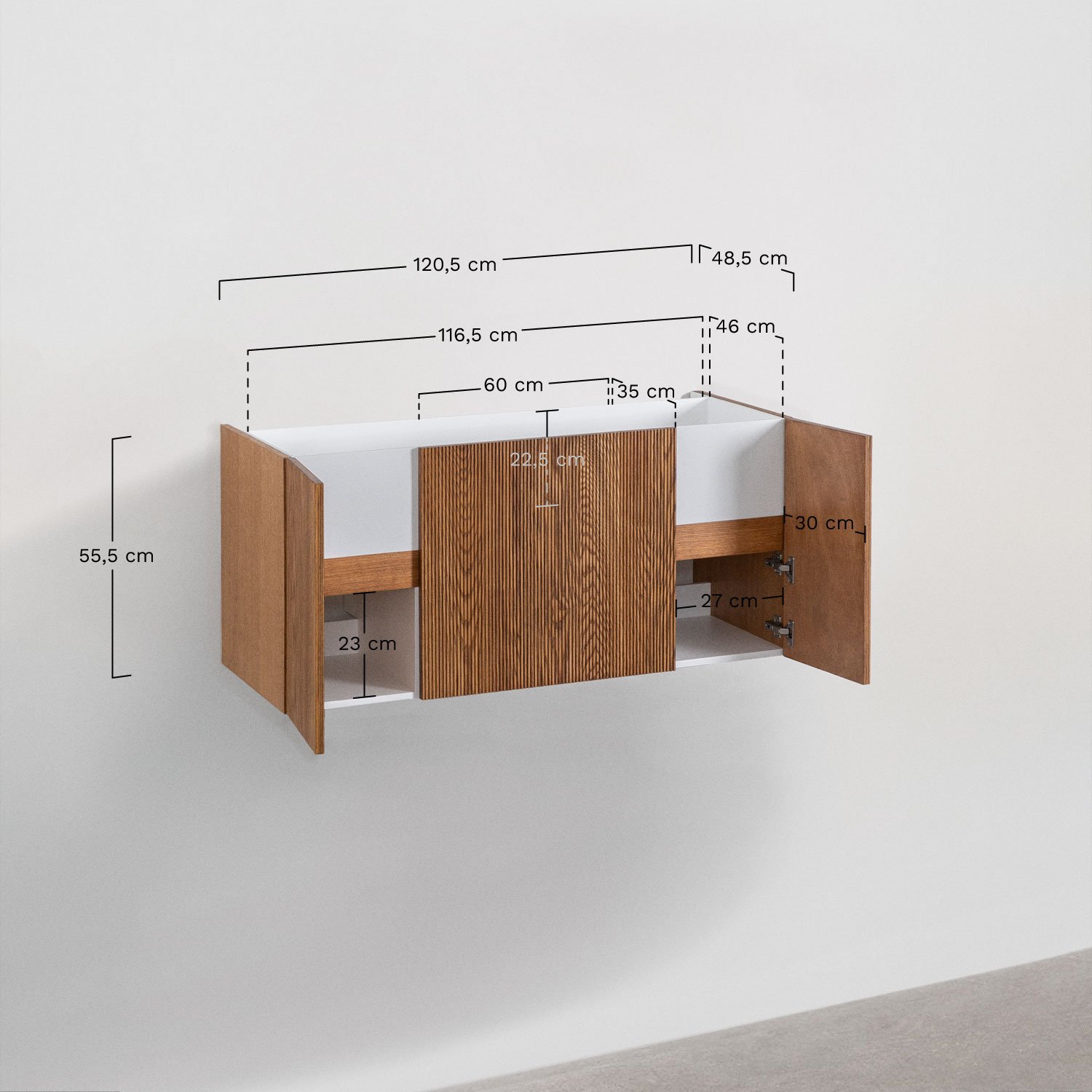 Conjunto de mueble de baño en madera con lavabo integrado Fiore, medidas