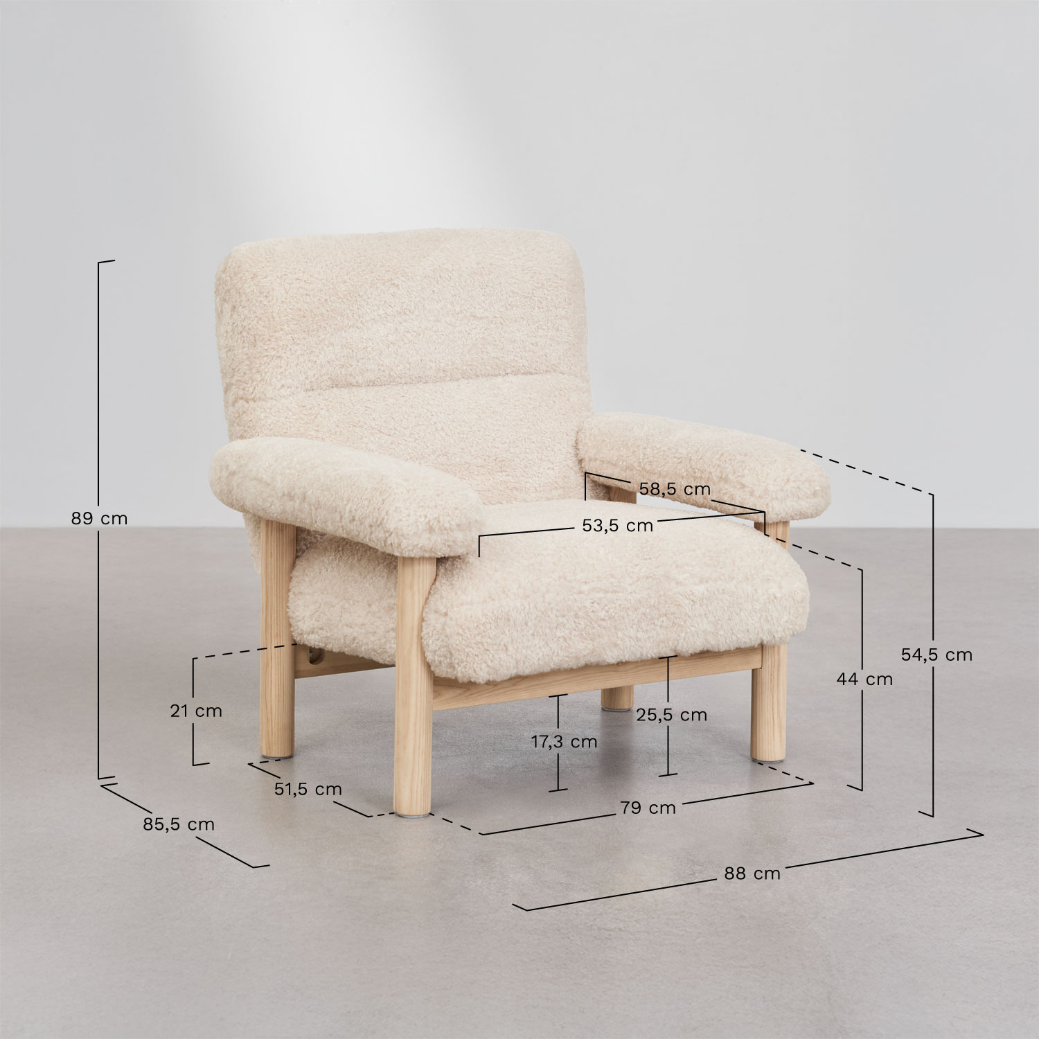 Sillón en madera de fresno tapizado Bernia, medidas