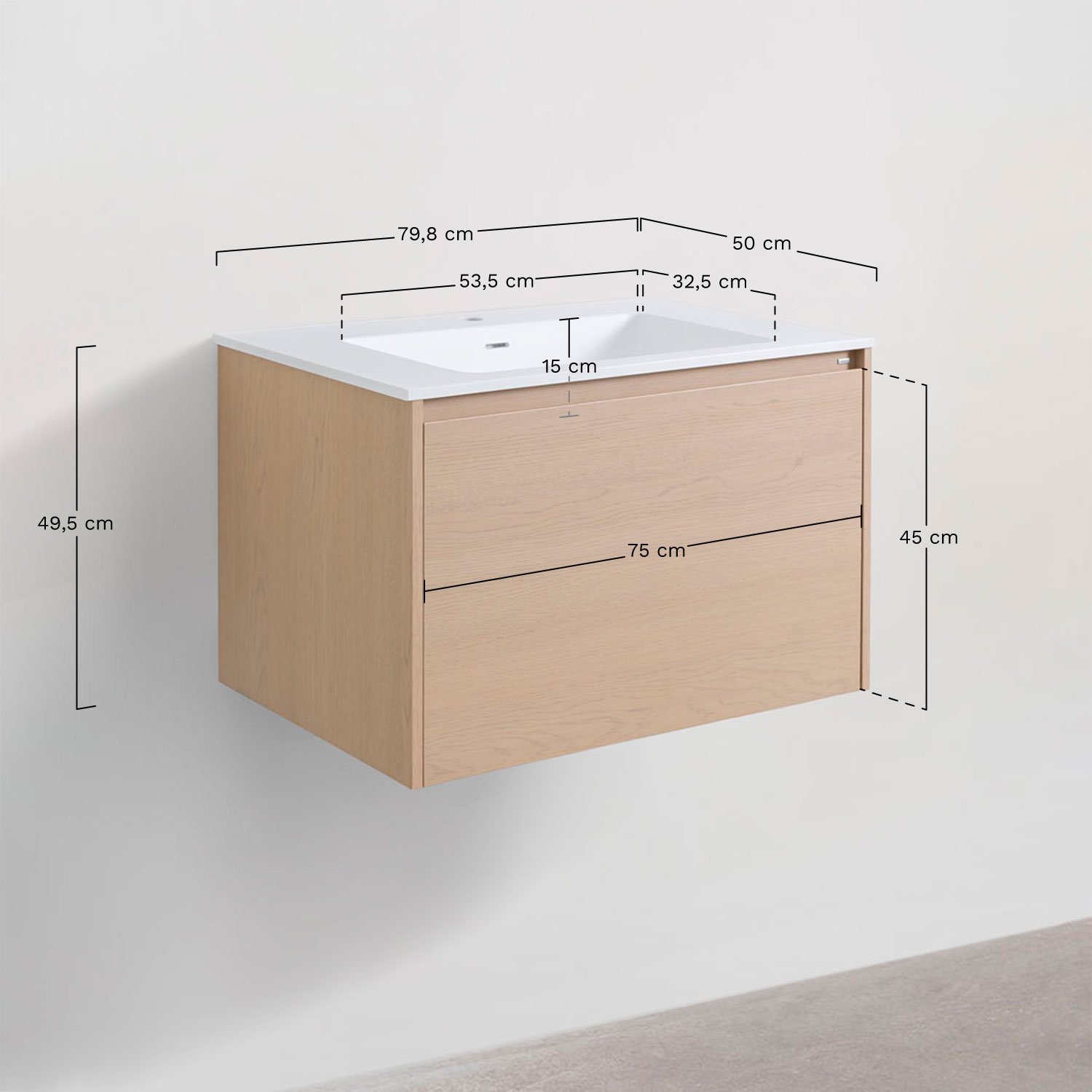 Conjunto de mueble de baño en madera con lavabo integrado Jacob      , medidas