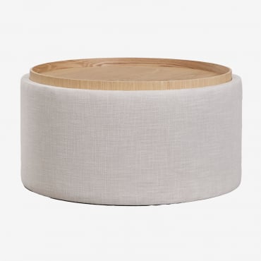 Mesa De Centro Redonda Con Bandeja Y Almacenaje Tapizada Berkeleni Ø80 Cm & Lino Beige Crema - Sklum