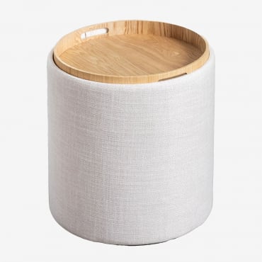 Mesa Auxiliar Redonda Ø40 Cm Con Bandeja Y Almacenaje Tapizada Berkeleni Lino Beige Crema - Sklum