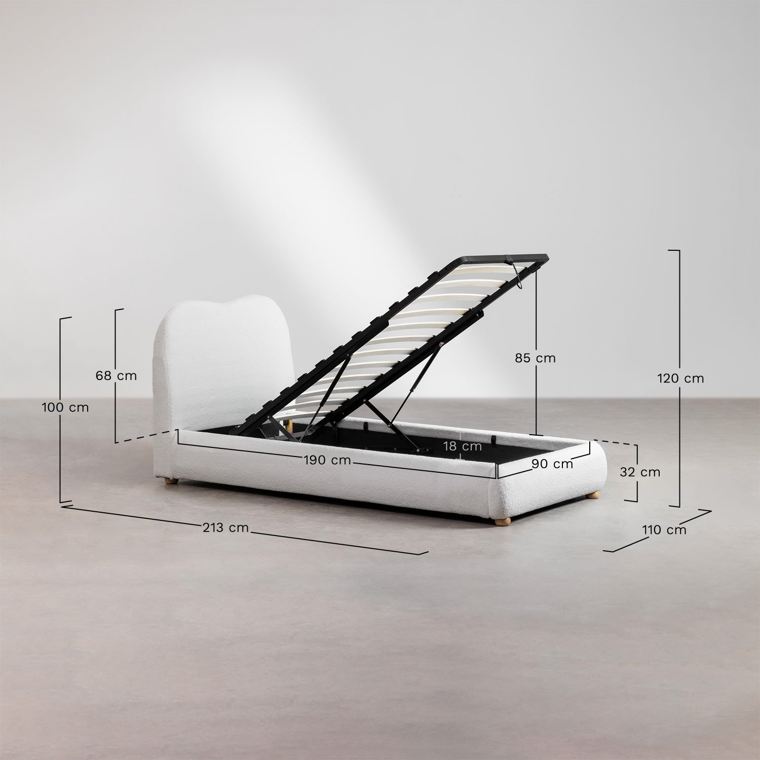 Cama con canapé abatible tapizada Winselet , medidas