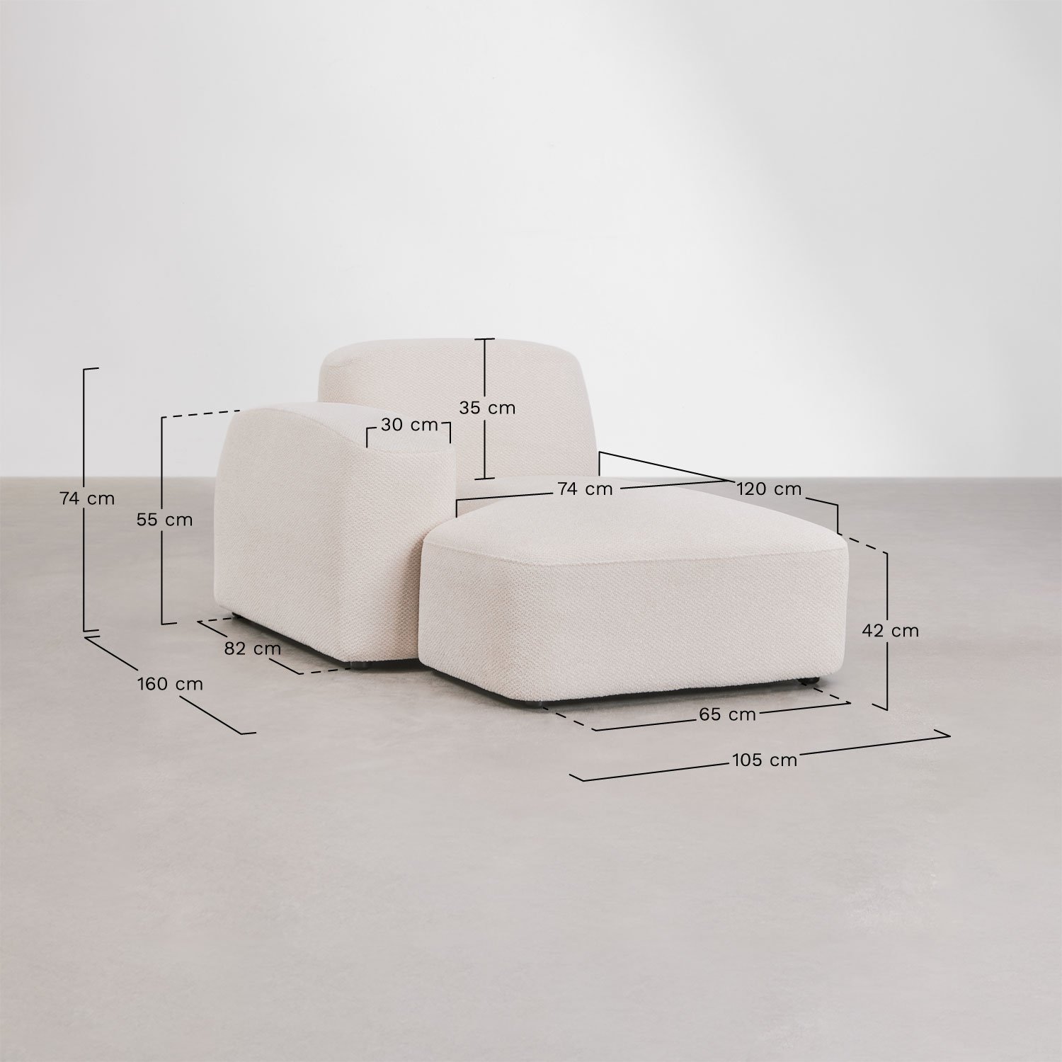 Módulo chaise longue izquierdo para sofá modular Bastian, medidas