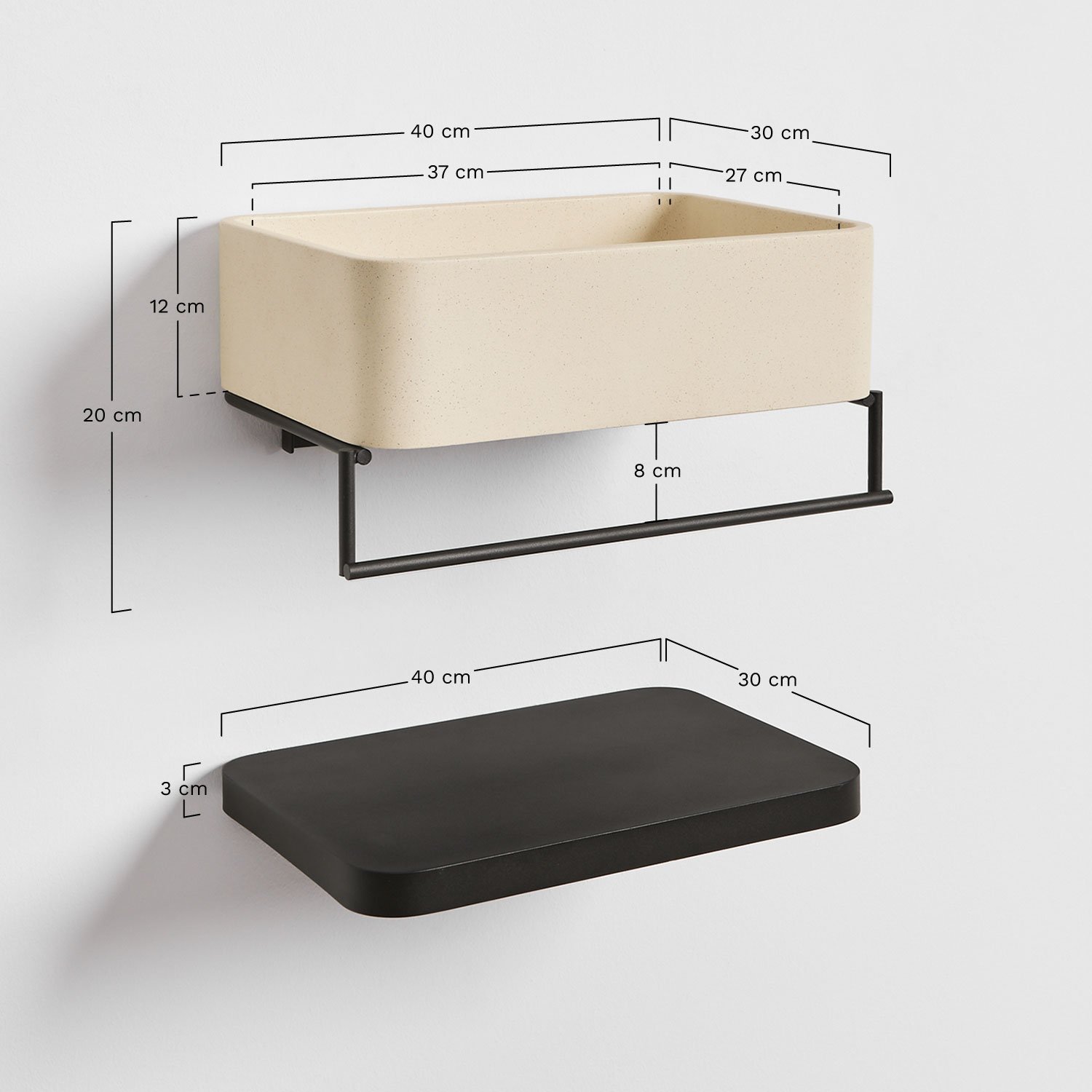 Lavabo rectangular 40x30 cm con toallero integrado en cemento y metal Korab, medidas