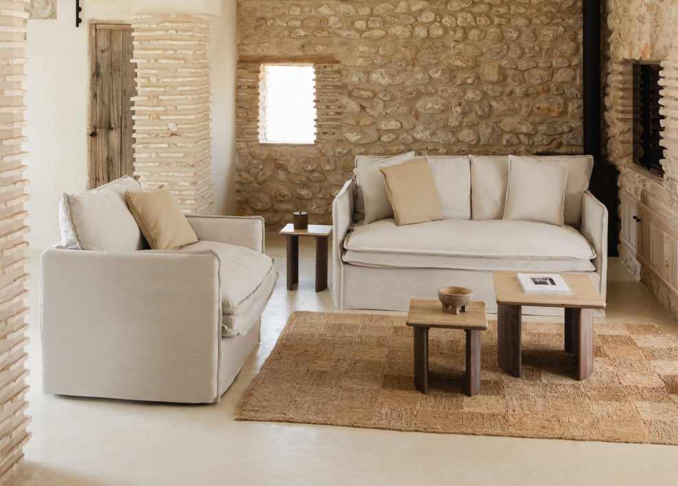 Conjunto de salón con sofá de 2 plazas y sillón en lino y algodón Grace - Tela Beige