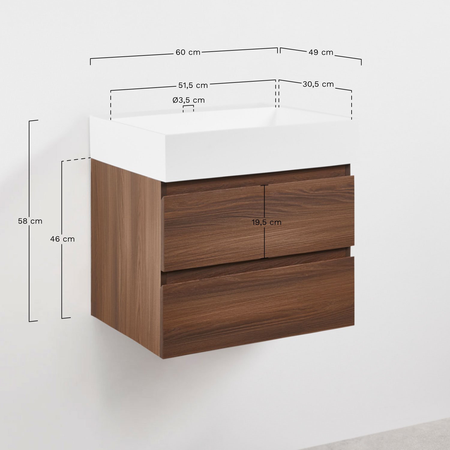 Conjunto de mueble de baño en madera y chapa de fresno con lavabo integrado Ona, medidas