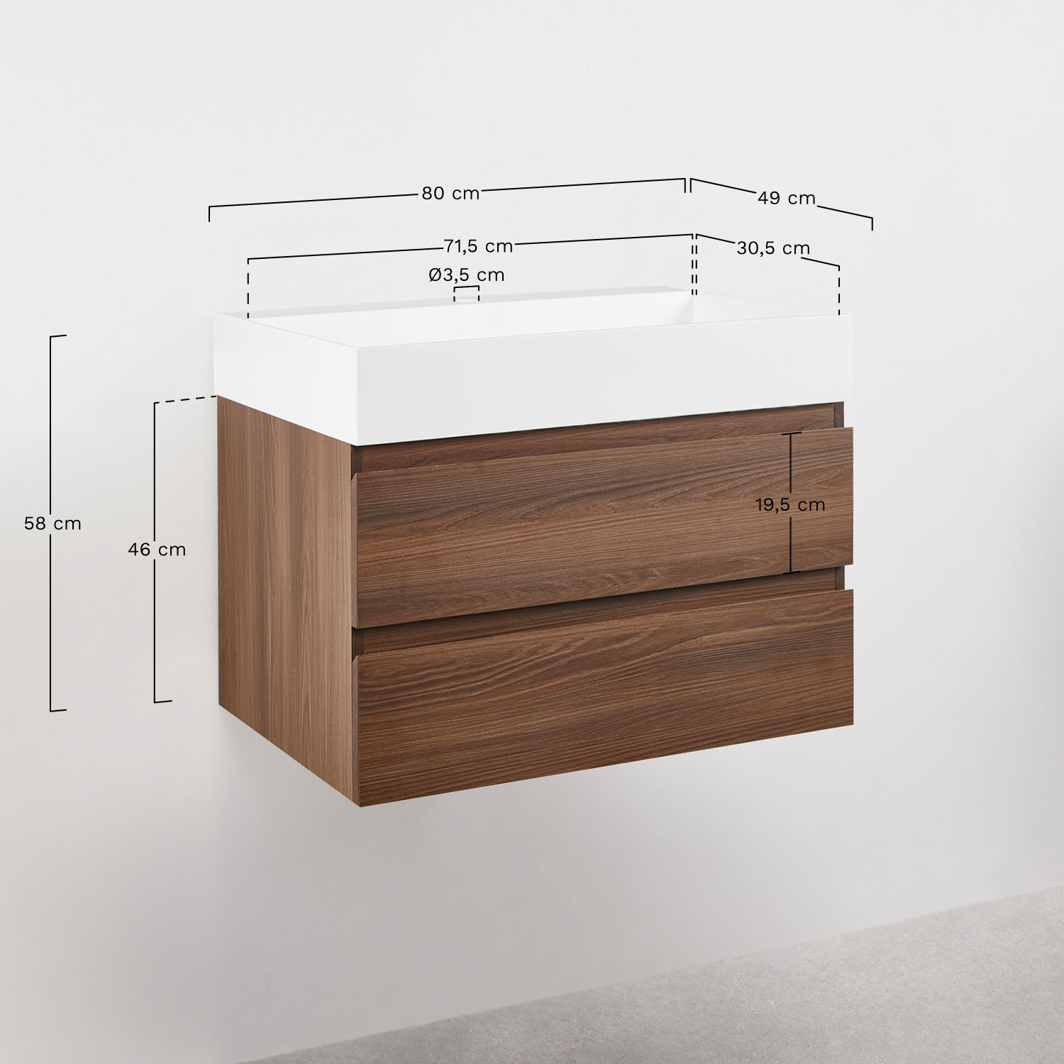 Conjunto de mueble de baño en madera y chapa de fresno con lavabo integrado Ona, medidas