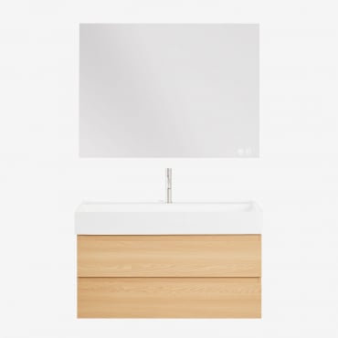 Conjunto De Mueble De Baño Suspendido En Madera Y Chapa De Fresno Con Lavabo Integrado Ona Madera Natural & Rectangular Led Y Antivaho 120x90 - Sklum