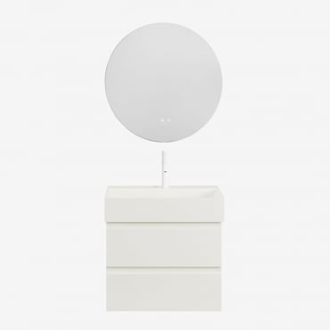 Conjunto De Mueble De Baño Suspendido En Madera Y Chapa De Fresno Con Lavabo Integrado Ona Blanco & Redondo Led Y Antivaho Ø70 Cm - Sklum