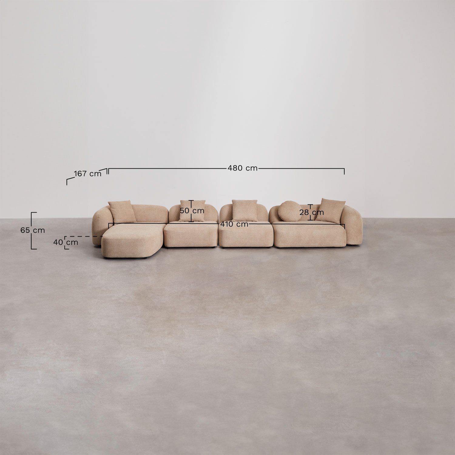 Sofá modular chaise longue izquierdo de 4 piezas en chenilla Coco, medidas