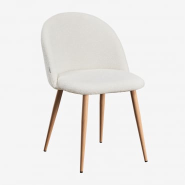 Silla De Comedor En Tela Bouclé Kana Deluxe Madera Natural & Bouclé Blanco - Sklum