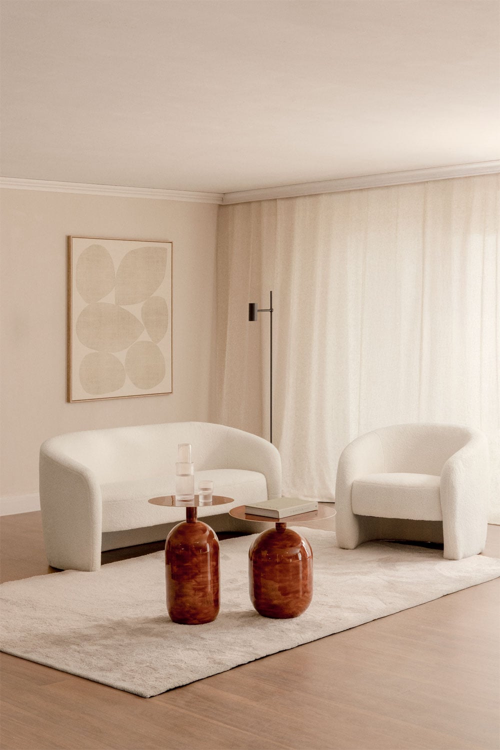 Conjunto de Salón Gombren: Sofá 2 Plazas y Sillón en Borreguito Beige Curvo