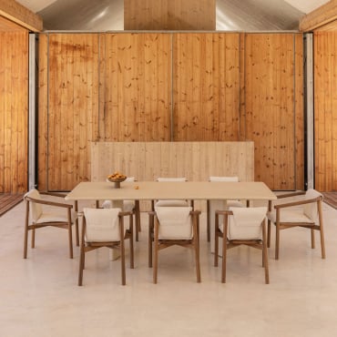 Set De Mesa Rectangular 240x100 Cm En Cemento Chelsea Y 8 Sillas De Jardín Con Reposabrazos En Madera De Acacia Elmina Beige Tapioca - Sklum