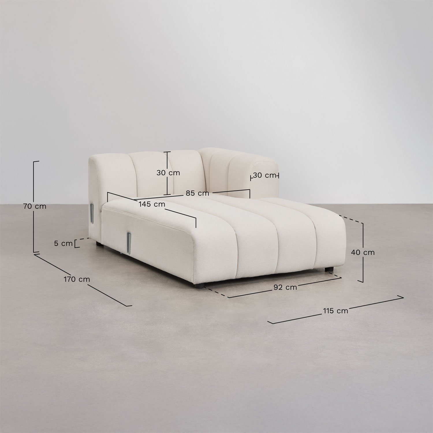 Módulo chaise longue derecho para sofá modular en tela bouclé Eliot, medidas