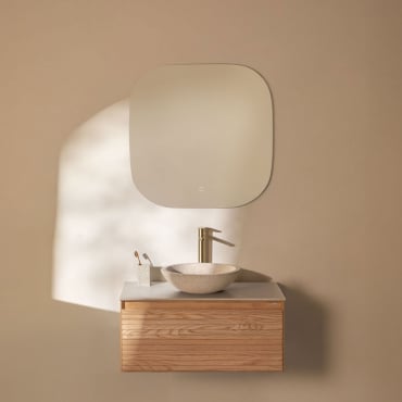 Conjunto De Mueble De Baño Suspendido En Madera De Fresno Tedrik Madera De Fresno & Redondo Cemento Blanco Ø40 Cm Zavion & Cuadrado Led - Sklum