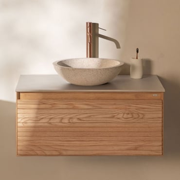 Conjunto De Mueble De Baño Suspendido En Madera De Fresno Tedrik Madera De Fresno & Redondo Cemento Blanco Ø40 Cm Zavion & Sin Espejo - Sklum