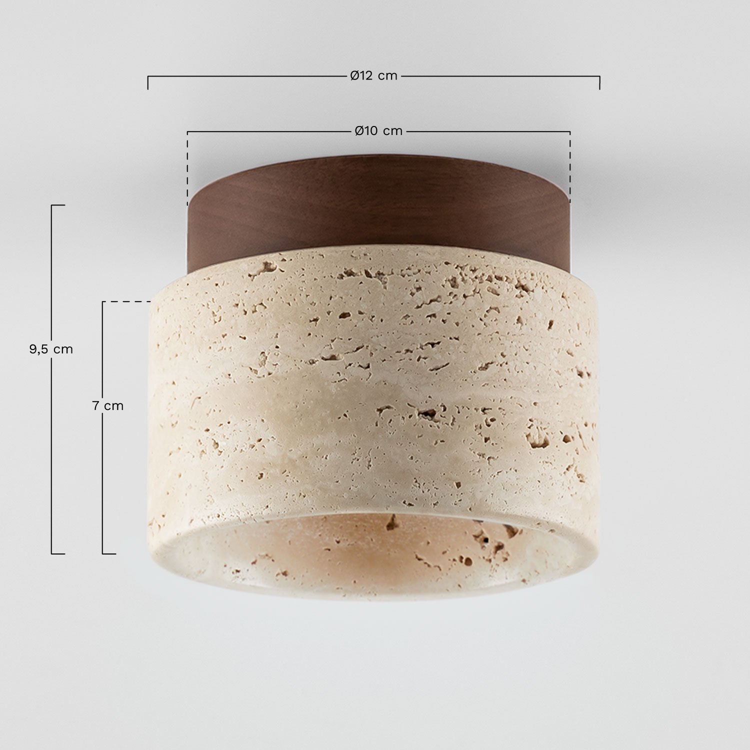 Plafón de techo Ø10 cm en travertino y madera Davise, medidas