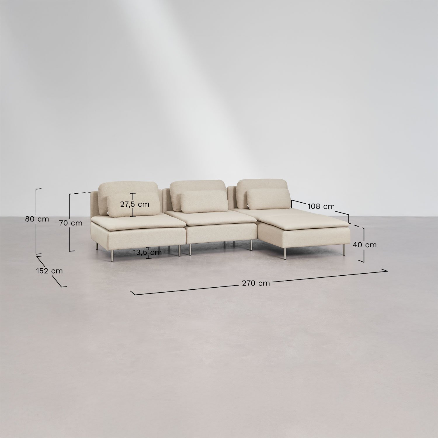 Sofá modular chaise longue derecho de 3 piezas Oriol, medidas