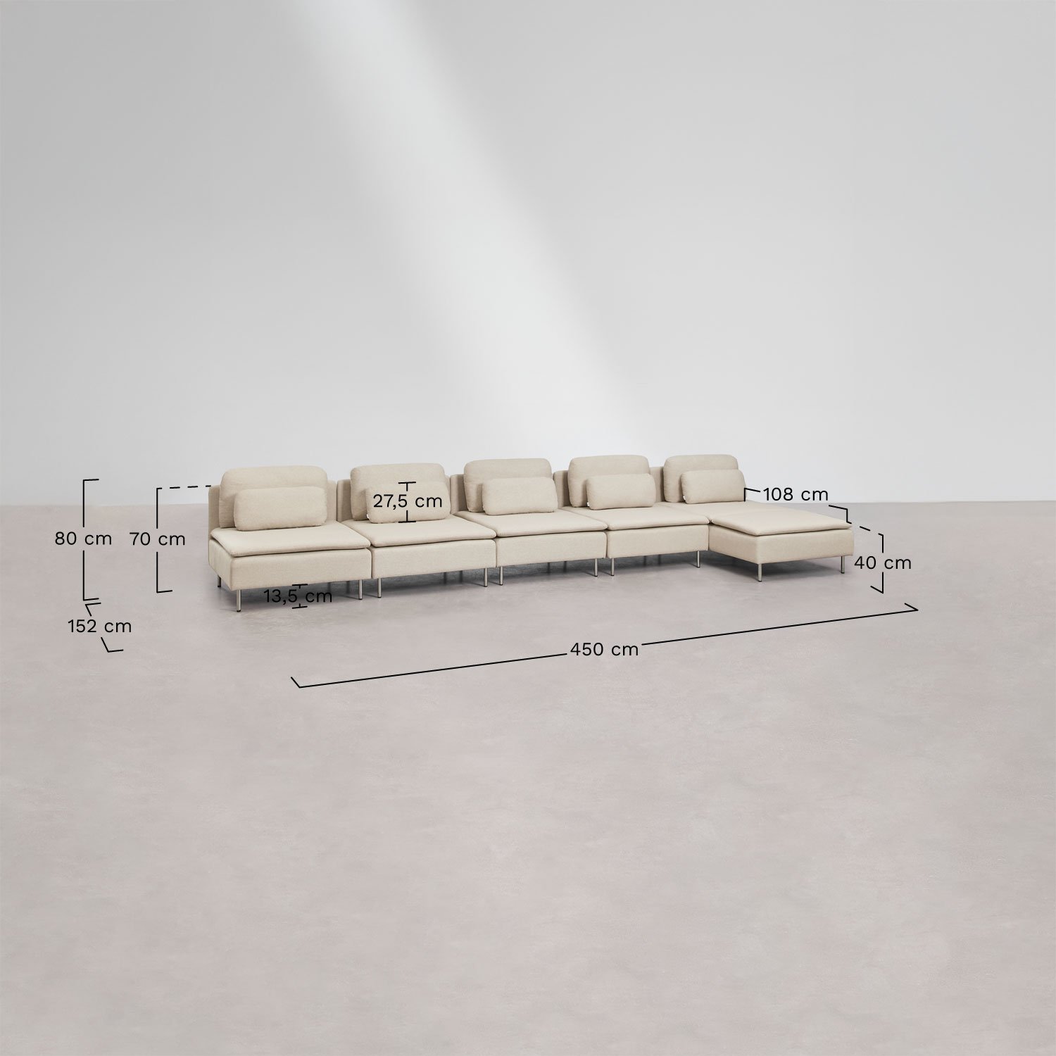 Sofá modular chaise longue derecho de 5 piezas Oriol, medidas