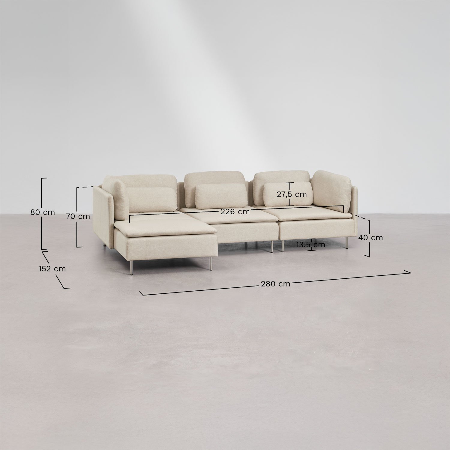 Sofá modular chaise longue izquierdo de 3 piezas con módulo esquinero Oriol, medidas
