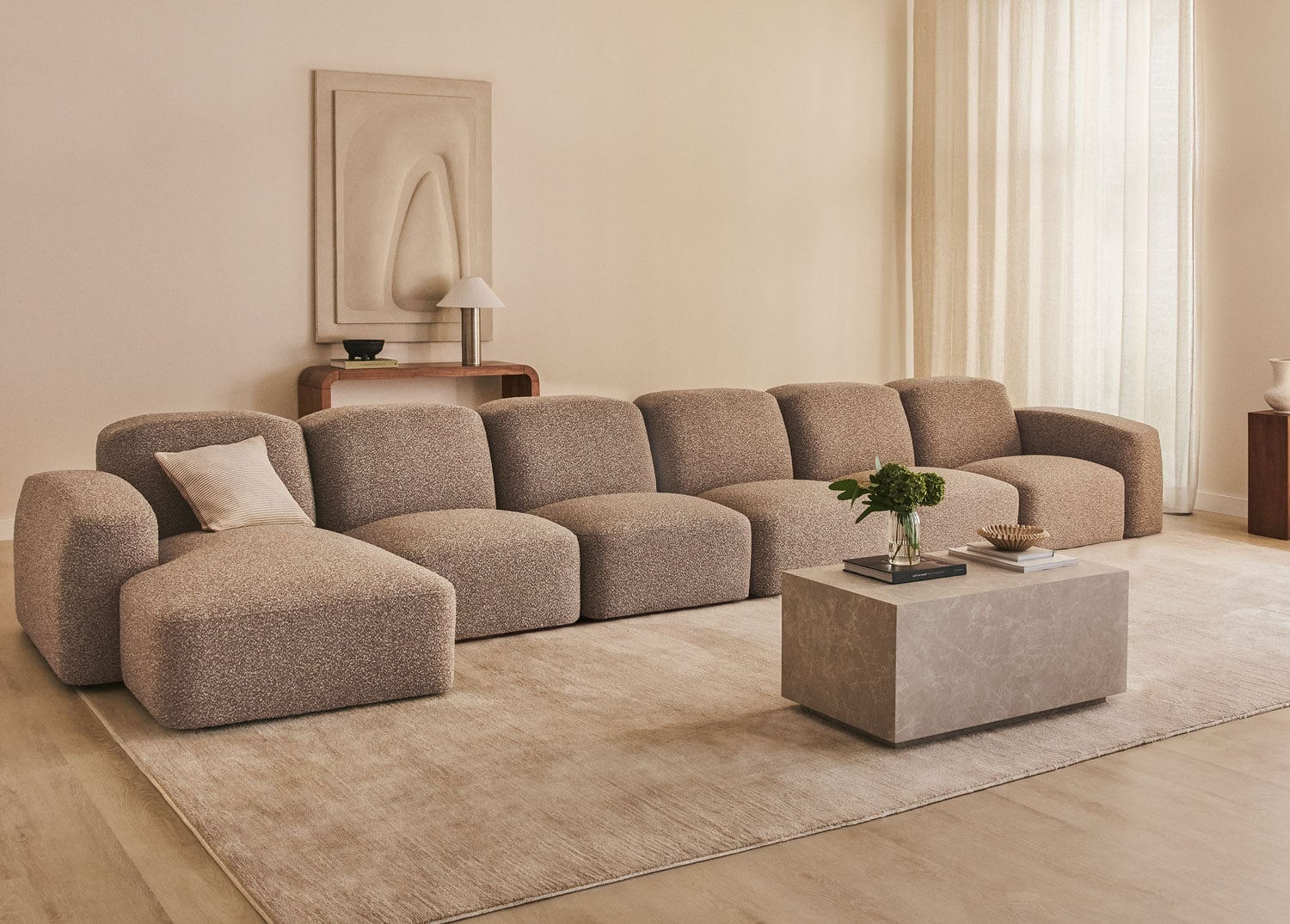 Sofá modular chaise longue izquierdo 6 piezas tejido bouclé beige