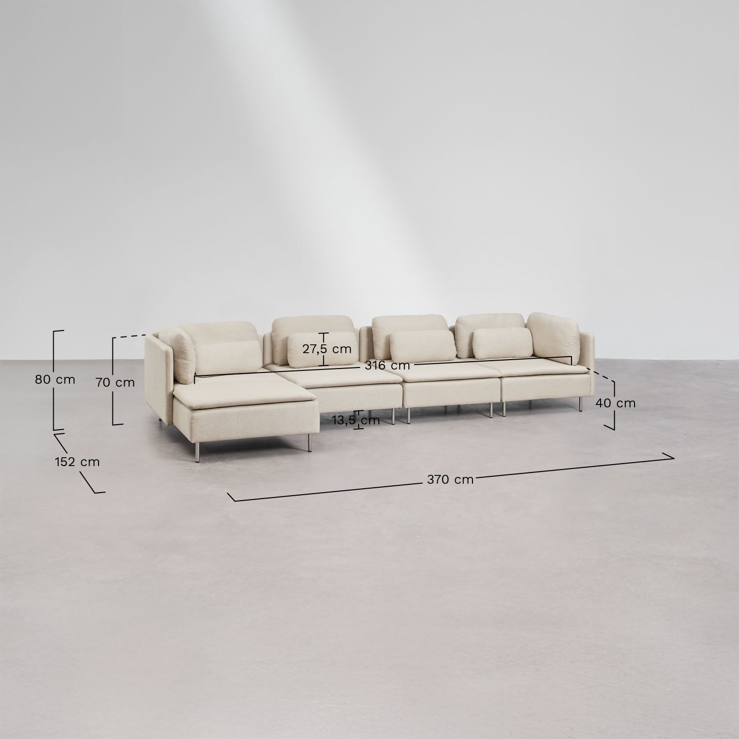 Sofá modular chaise longue izquierdo de 4 piezas con módulo esquinero Oriol, medidas