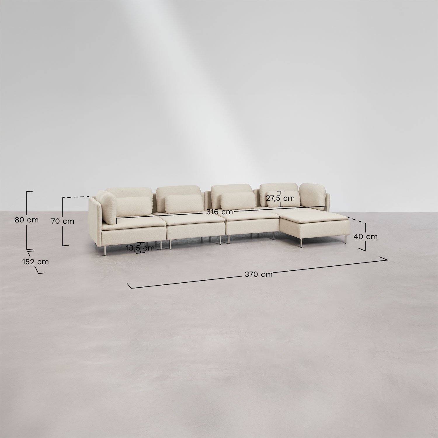 Sofá modular chaise longue derecho de 4 piezas con módulo esquinero Oriol, medidas