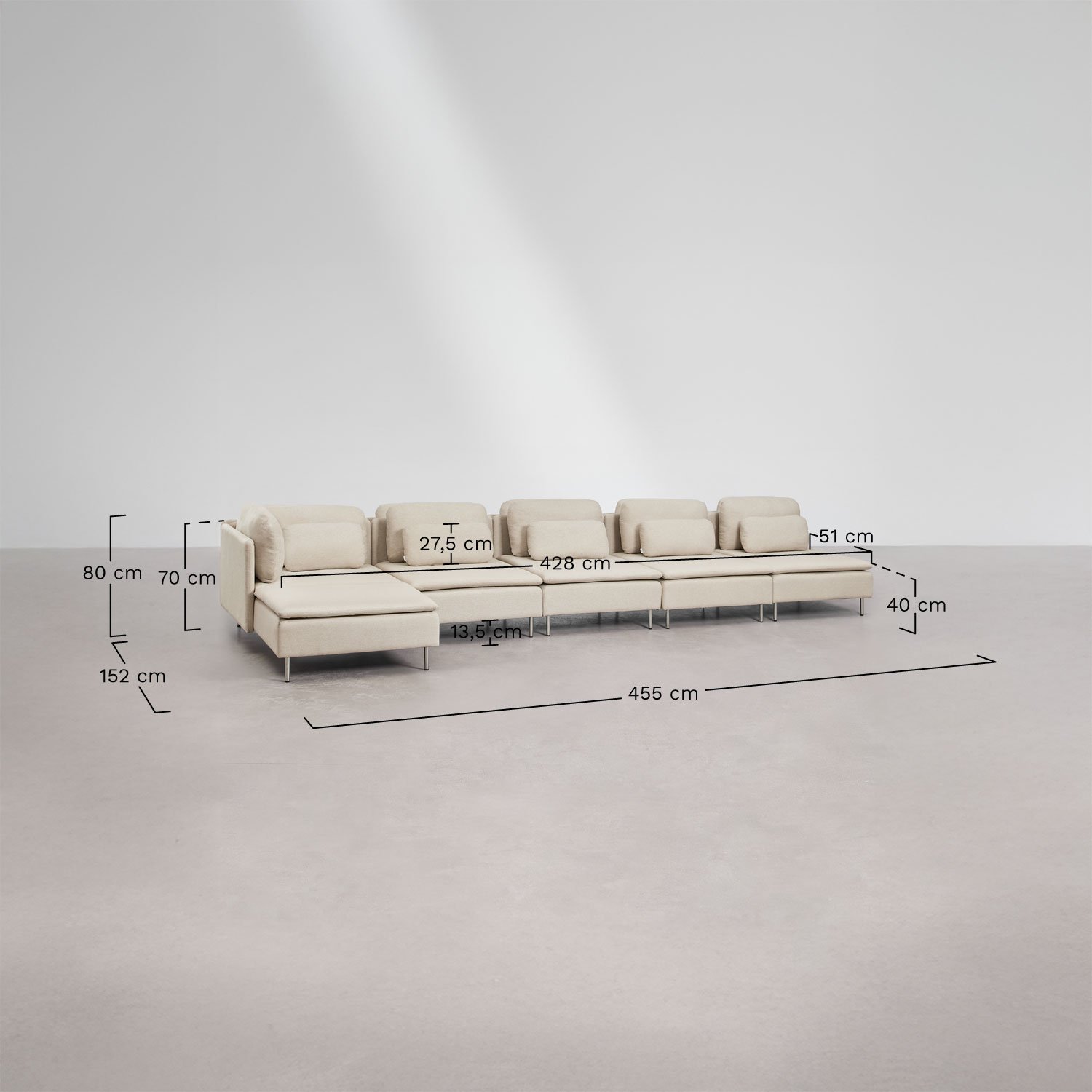 Sofá modular chaise longue izquierdo de 5 piezas Oriol, medidas