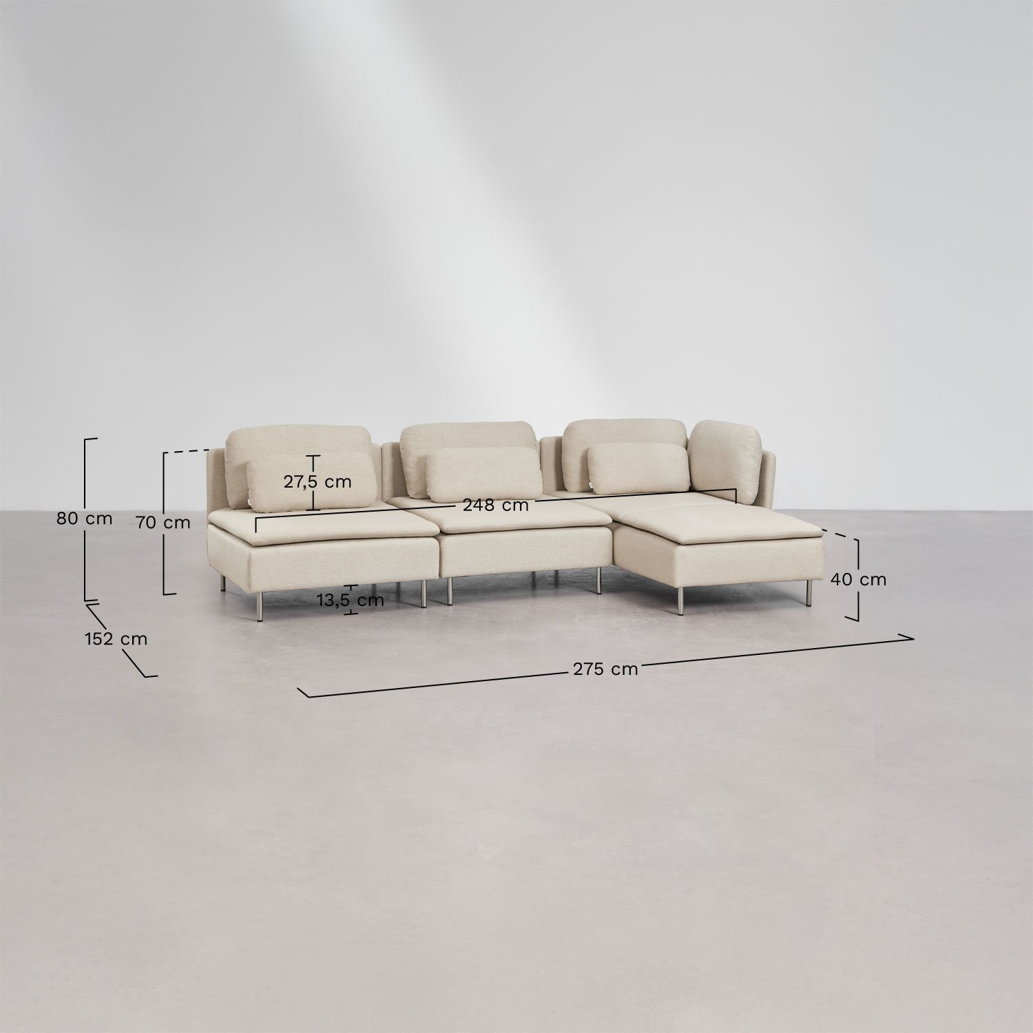 Sofá modular chaise longue derecho de 3 piezas Oriol, medidas