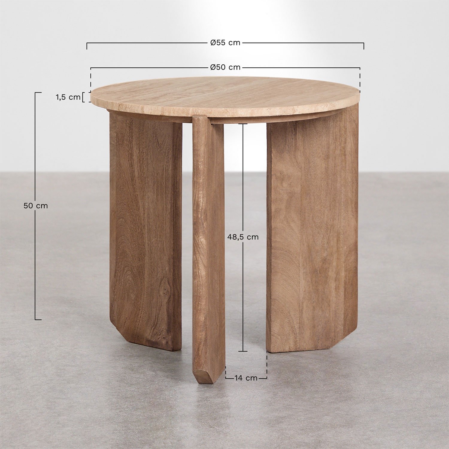 Mesa de centro redonda en piedra natural y madera de mango Lavinia , medidas