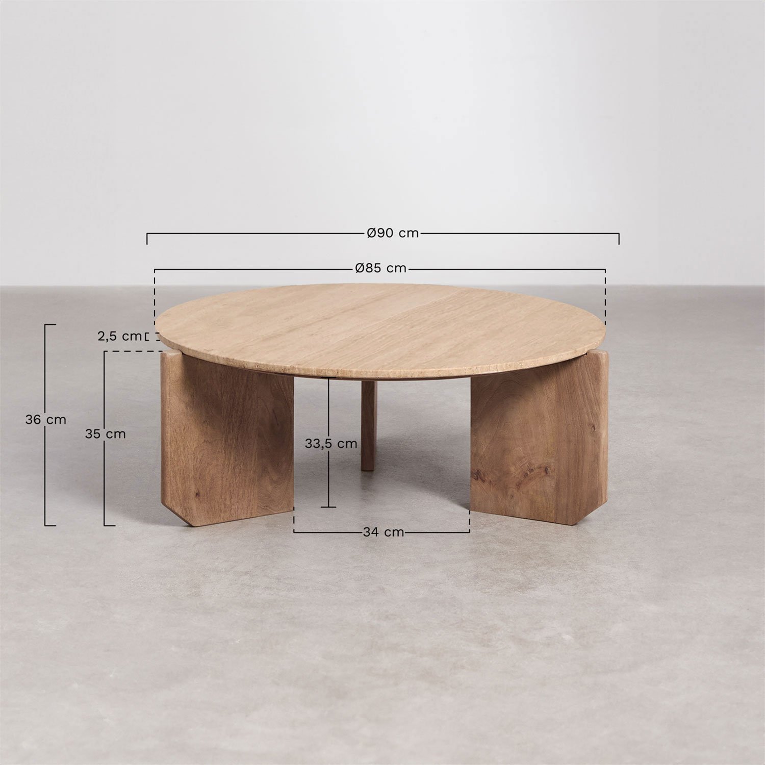 Mesa de centro redonda en piedra natural y madera de mango Lavinia , medidas