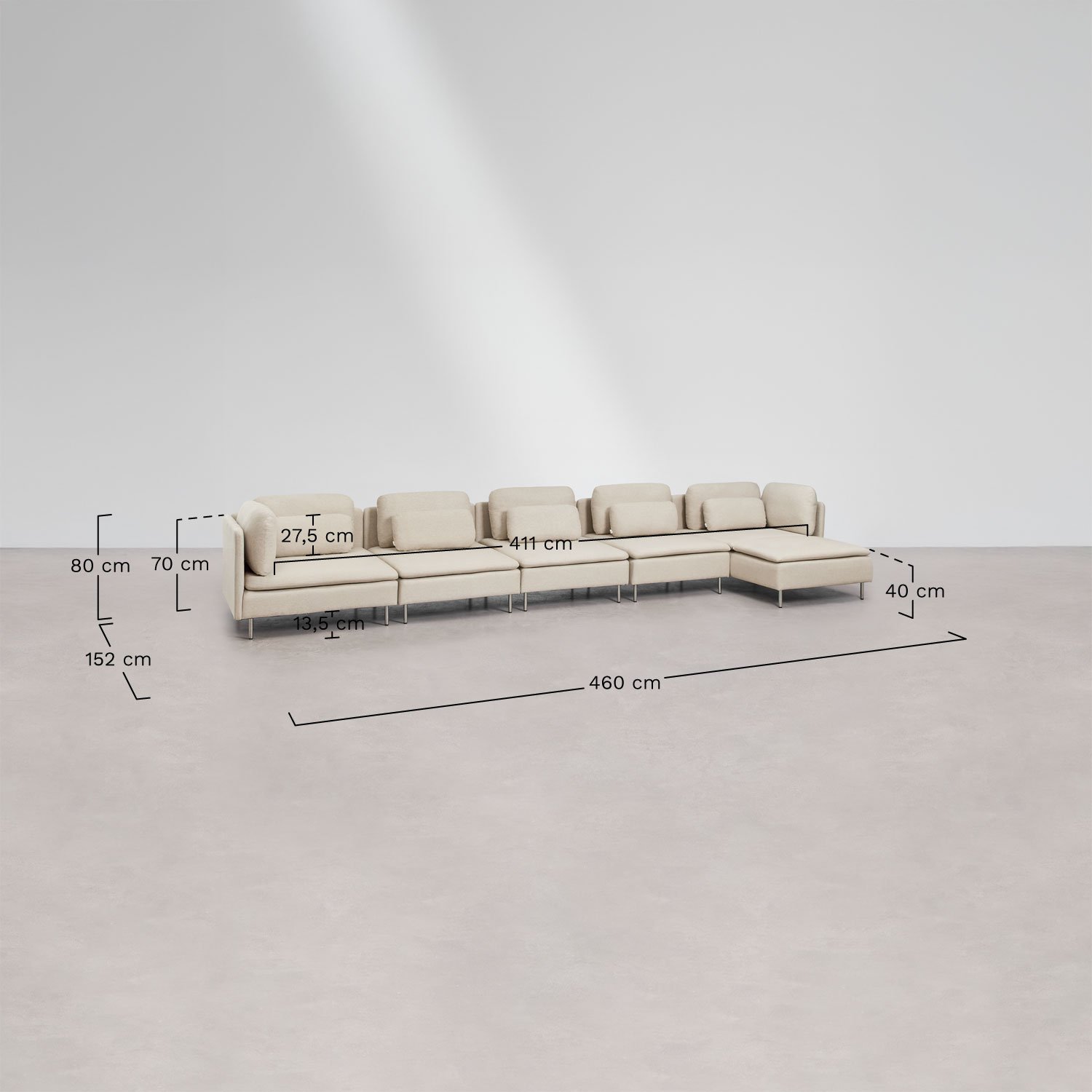 Sofá modular chaise longue derecho de 5 piezas con módulo esquinero Oriol, medidas