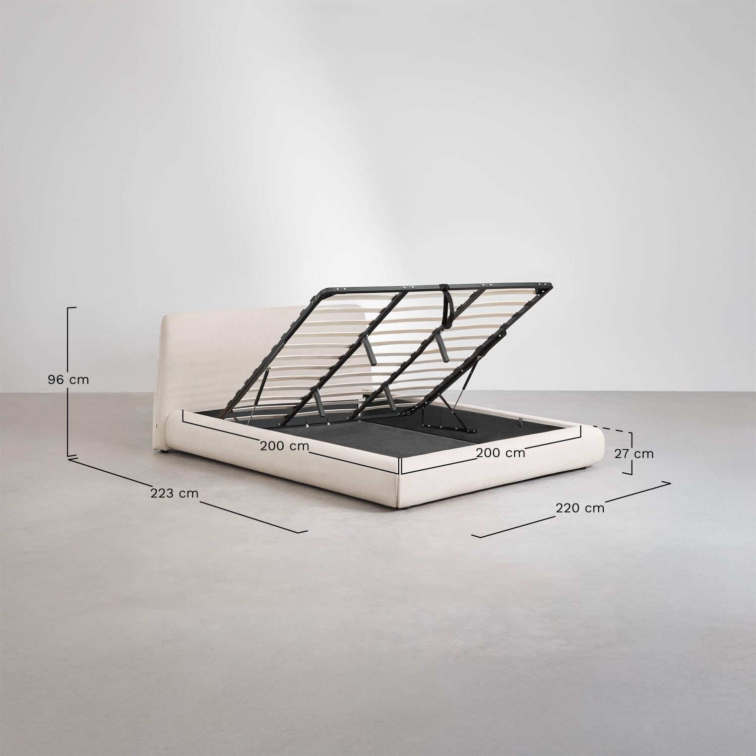 Cama tapizada con canapé abatible Norena , medidas