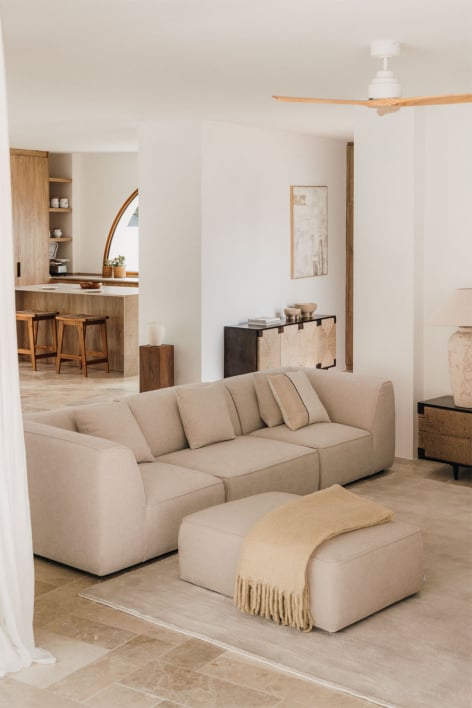 Sofá modular de 3 piezas con puff tapizado Cardea - Chenilla Beige Crema